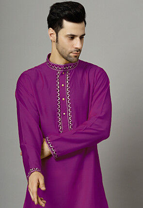 Embroidered Raw Silk Kurta Set in Purple