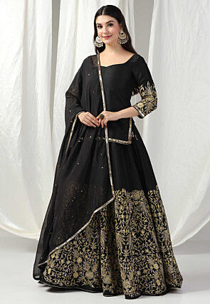 Embroidered Raw Silk Lehenga in Black