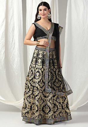 Embroidered Raw Silk Lehenga in Black