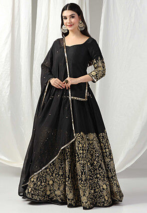 Embroidered Raw Silk Lehenga in Black