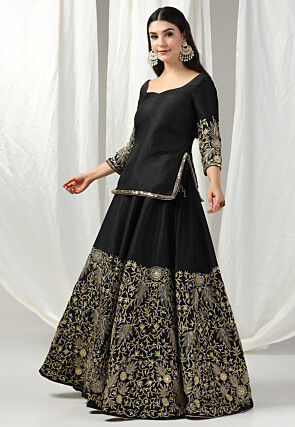 Embroidered Raw Silk Lehenga in Black