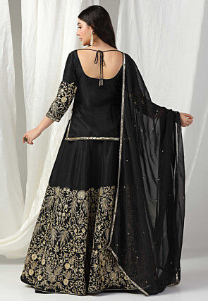 Embroidered Raw Silk Lehenga in Black