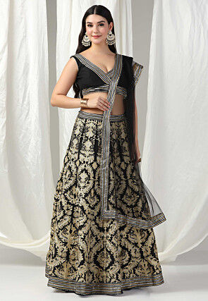 Embroidered Raw Silk Lehenga in Black
