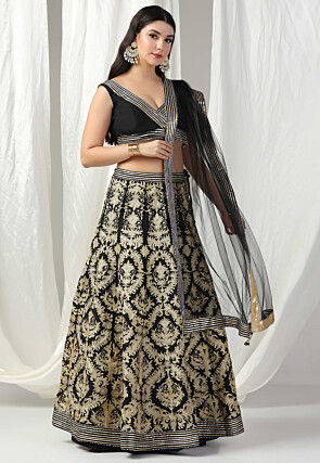Embroidered Raw Silk Lehenga in Black
