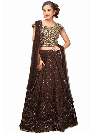 Embroidered Raw Silk Lehenga in Brown