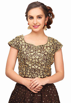 Embroidered Raw Silk Lehenga in Brown