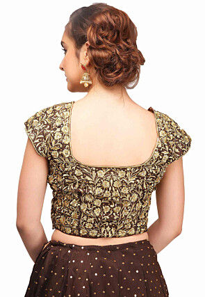 Embroidered Raw Silk Lehenga in Brown