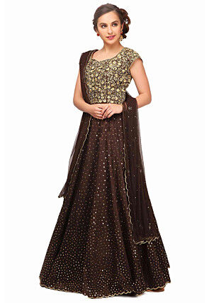 Embroidered Raw Silk Lehenga in Brown