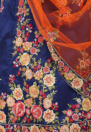 Embroidered Raw Silk Lehenga in Dark Blue