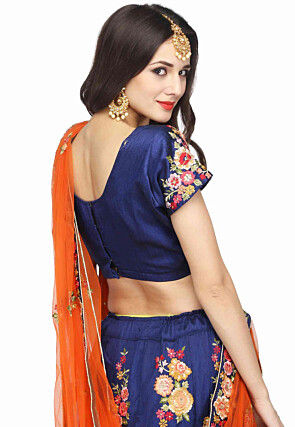 Embroidered Raw Silk Lehenga in Dark Blue