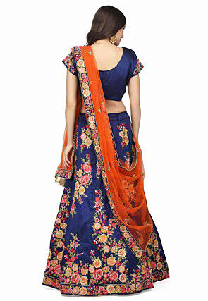 Embroidered Raw Silk Lehenga in Dark Blue