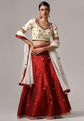 Embroidered Raw Silk Lehenga in Maroon