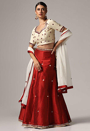 Embroidered Raw Silk Lehenga in Maroon