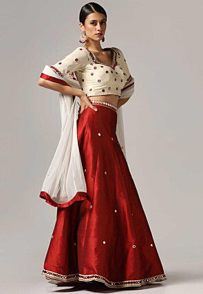 Embroidered Raw Silk Lehenga in Maroon