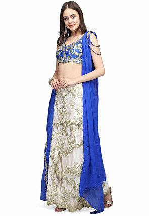 Embroidered Raw Silk Lehenga in Off White