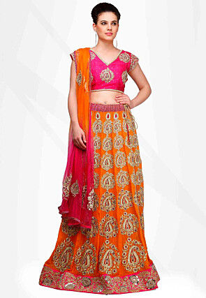 Embroidered Georgette Lehenga in Orange