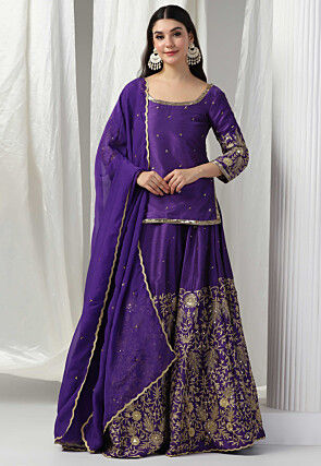 Embroidered Raw Silk Lehenga in Purple
