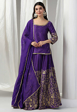 Embroidered Raw Silk Lehenga in Purple