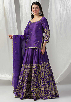 Embroidered Raw Silk Lehenga in Purple