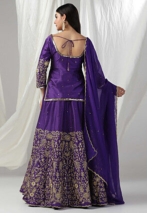 Embroidered Raw Silk Lehenga in Purple