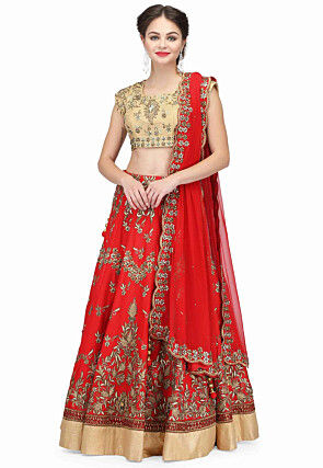 Embroidered Raw Silk Lehenga in Red