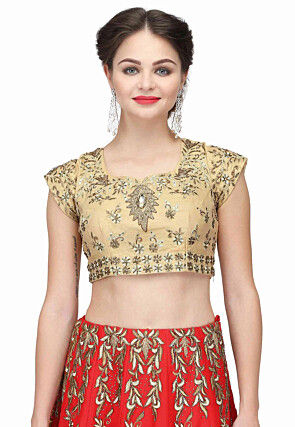 Embroidered Raw Silk Lehenga in Red