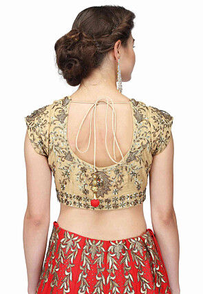 Embroidered Raw Silk Lehenga in Red