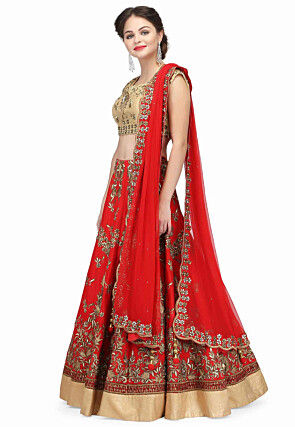 Embroidered Raw Silk Lehenga in Red