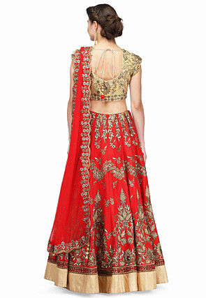 Embroidered Raw Silk Lehenga in Red