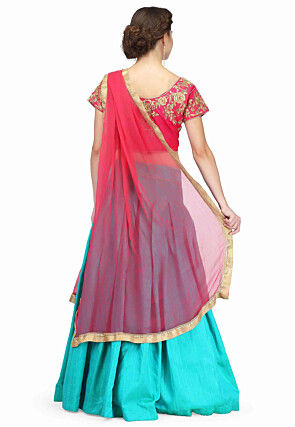 Embroidered Raw Silk Lehenga in Turquoise