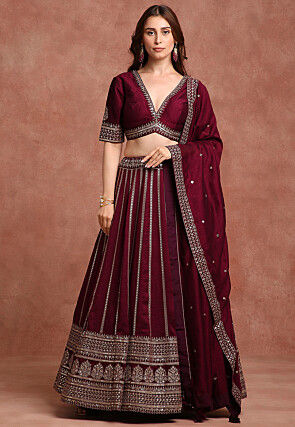 Embroidered Raw Silk Lehenga in Wine
