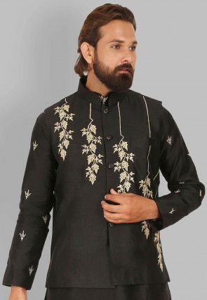 Embroidered Raw Silk Nehru Jacket in Black