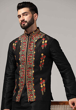 Embroidered Raw Silk Nehru Jacket in Black