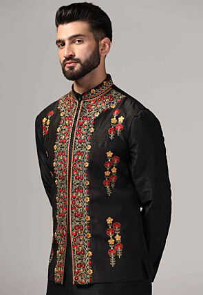 Embroidered Raw Silk Nehru Jacket in Black