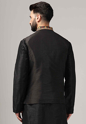 Embroidered Raw Silk Nehru Jacket in Black