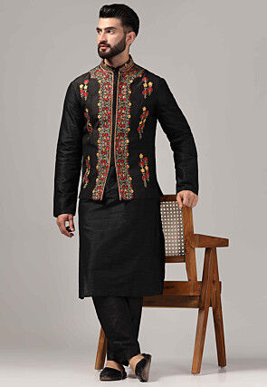 Embroidered Raw Silk Nehru Jacket in Black
