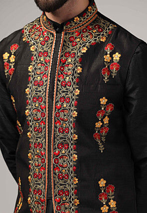 Embroidered Raw Silk Nehru Jacket in Black