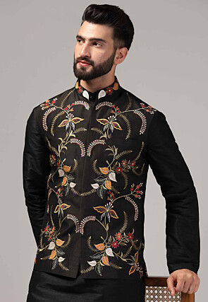 Embroidered Raw Silk Nehru Jacket in Black