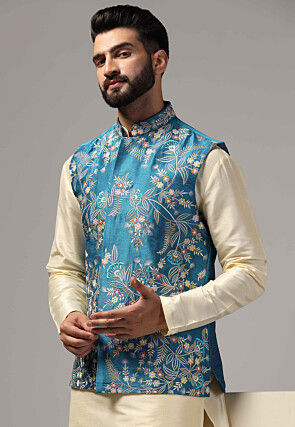 Embroidered Raw Silk Nehru Jacket in Blue