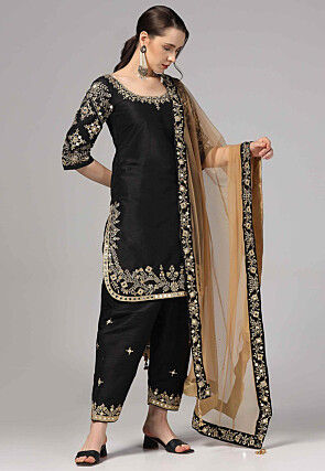 Embroidered Raw Silk Pakistani Suit in Black