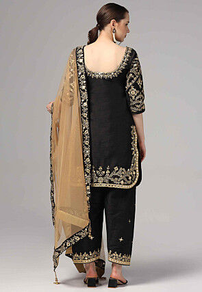 Embroidered Raw Silk Pakistani Suit in Black