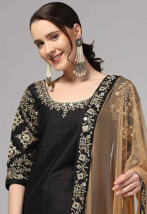 Embroidered Raw Silk Pakistani Suit in Black