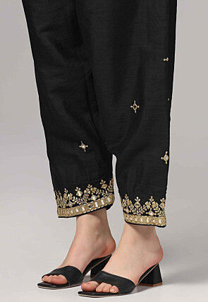 Embroidered Raw Silk Pakistani Suit in Black