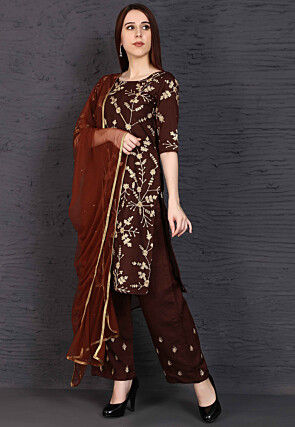 Embroidered Raw Silk Pakistani Suit in Brown