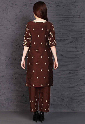 Embroidered Raw Silk Pakistani Suit in Brown