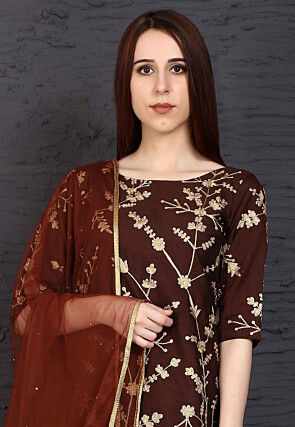 Embroidered Raw Silk Pakistani Suit in Brown