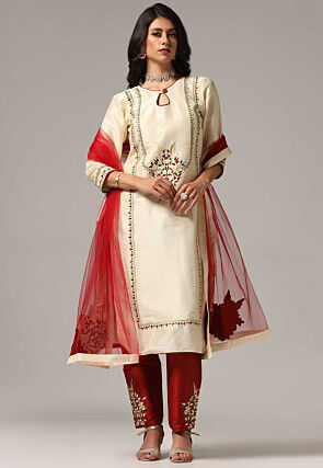 Embroidered Raw Silk Pakistani Suit in Cream