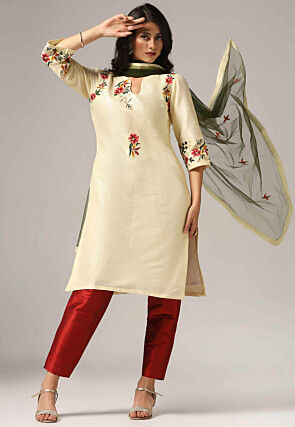Embroidered Raw Silk Pakistani Suit in Cream