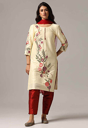 Embroidered Raw Silk Pakistani Suit in Cream