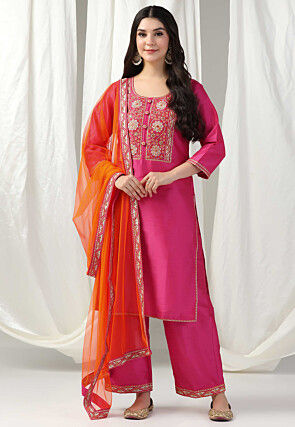 Embroidered Raw Silk Pakistani Suit in Fuchsia